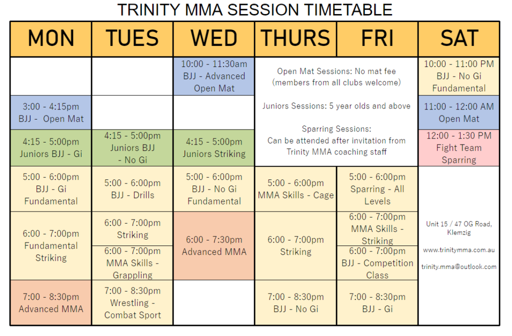 Trinity MMA Session Timetable - Effective Nov 2021